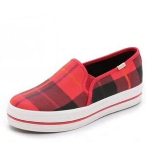 KATE SPADE NY KEDS Collab Women 9 RED PLAID‎ Golf CANVAS SLIP ON SNEAKERS